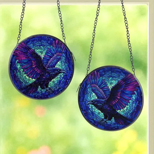 Stained Glass Art Lovers' Majestic Raven Flight Electric Blue Violet Fuchsia Aqua Twilight Mosaic Pattern Stained Glass Suncatcher