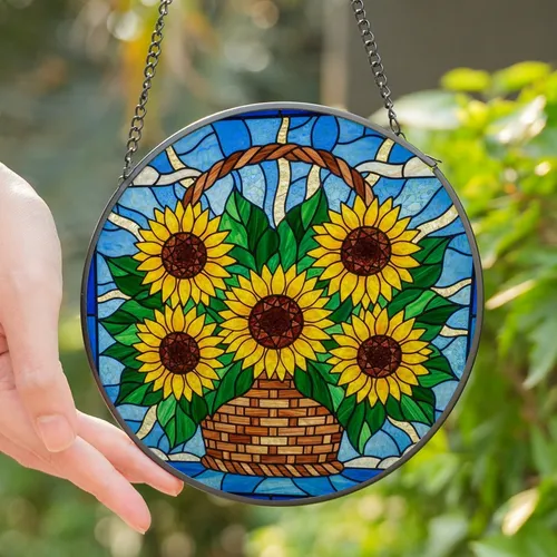 Nature Lovers' Intricate Tiffany Stained Glass Sunflowers Wicker Basket Mosaic Yellow Green Blue Stained Glass Suncatcher