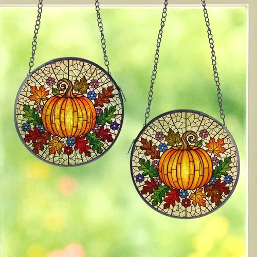 Autumn Lovers' Vibrant Tiffany Stained Glass Pumpkin & Autumn Floral Mosaic Stained Glass Suncatcher