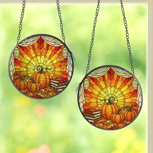 Autumn Lovers' Jewel Tone Tiffany Stained Glass Plump Pumpkins Fall Leaves Radiant Sunset Art Stained Glass Suncatcher