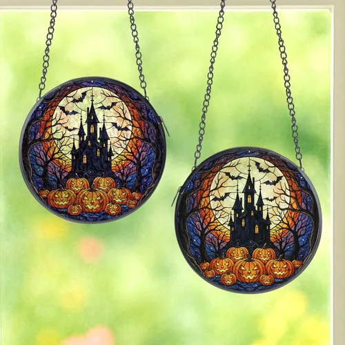 Halloween Art Lovers' Tiffany Stained Glass Castle Jack-o'-Lantern Moon Mosaic Stained Glass Suncatcher