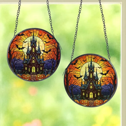 Gothic Art Lovers' Intricate Tiffany Stained Glass Haunted Castle Orange Moon Bats Jack-O'-Lanterns Stained Glass Suncatcher