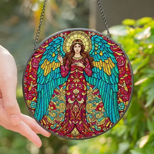 Art Lovers' Tiffany-Style Stained Glass Angel, Celestial Floral Mosaic, Royal Blue Magenta Gold Teal Ruby Red Stained Glass Suncatcher