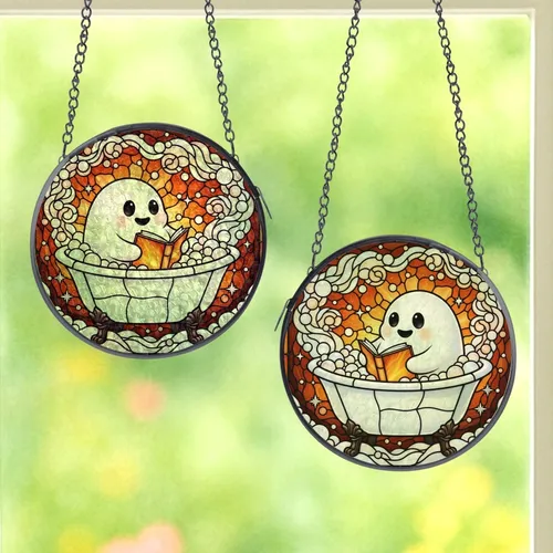 Whimsical Art Lovers' Stained Glass Ghost Reading Bathtub Ethereal Mists Amber Orange Jewel Tones Stained Glass Suncatcher