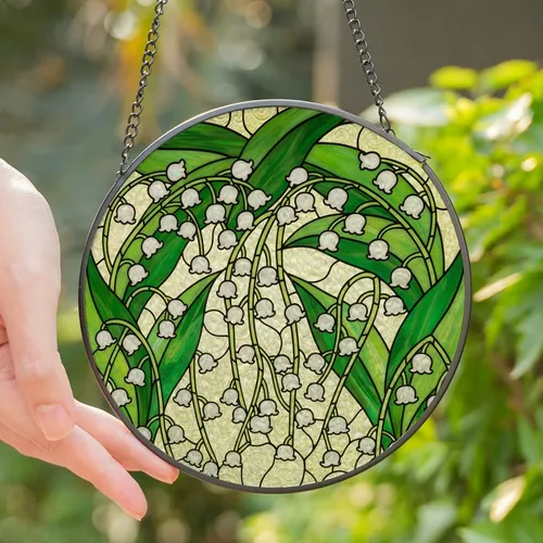 Nature Lovers' Intricate Tiffany Glass Lily of the Valley Jewel Tone Floral Mosaic Stained Glass Suncatcher