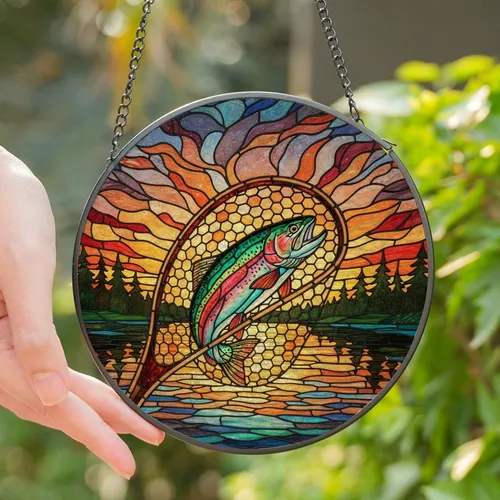 Anglers & Nature Lovers' Tiffany Stained Glass Leaping Rainbow Trout Sunset Lake Mosaic Jewel Tone Pattern Stained Glass Suncatcher
