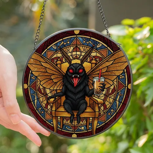 Fantasy Art Lovers' Tiffany Stained Glass Mothman Red Eyes Bubble Tea Cosmic Golden-Brown Abstract Pattern Stained Glass Suncatcher