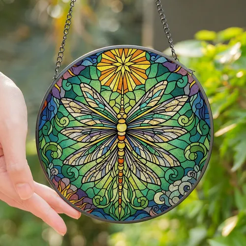 Holiday Art Enthusiasts' Intricate Tiffany Stained Glass Dragonfly Christmas Tree Mosaic Jewel Tones Stained Glass Suncatcher