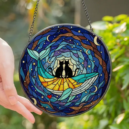 Art Lovers' Edge-to-Edge Stained Glass: Black Cats, Cosmic Whale, Teal Gold Nebula Stained Glass Suncatcher