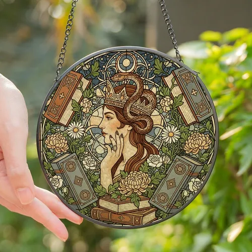 Fantasy Art Lovers' Jewel Tone Tiffany Stained Glass Serpent Crowned Woman Books & Botanical Mosaic Stained Glass Suncatcher