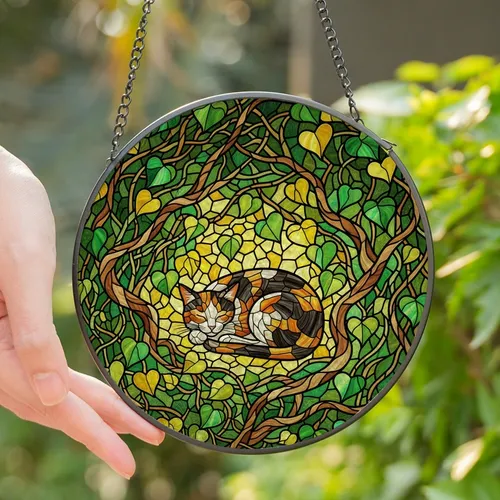 Cat Lovers' Vibrant Stained Glass Calico Cat Curled in Jewel Toned Amber Emerald Foliage Mosaic Stained Glass Suncatcher