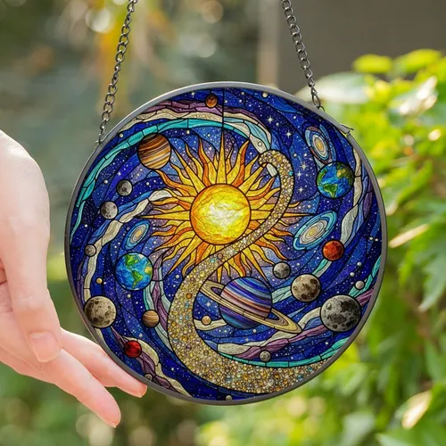 Celestial Explorers' Vibrant Tiffany Stained Glass Galaxy: Golden Sun, Ringed Planet, Cosmic Jewel Tones Stained Glass Suncatcher