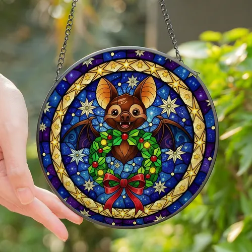 Holiday Lovers' Jewel Tone Stained Glass Bat Christmas Wreath Celestial Mosaic Stained Glass Suncatcher