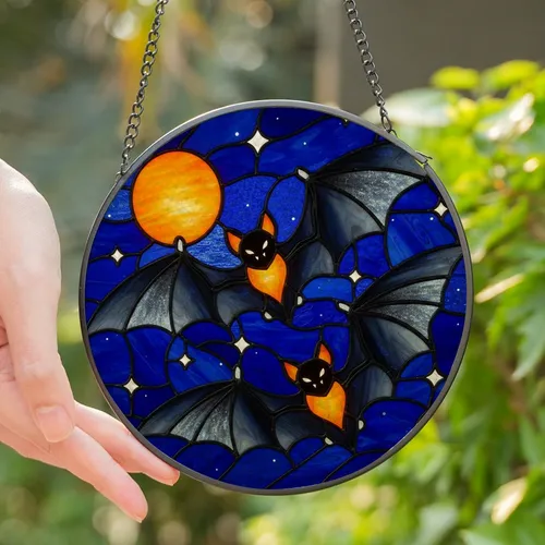 Art & Nature Lovers' Vibrant Stained Glass Bat & Moon, Indigo Night Sky Mosaic, Tiffany Style Jewel Tones Stained Glass Suncatcher