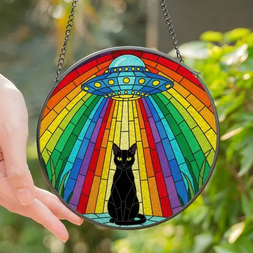 Cat & Sci-Fi Enthusiasts' Vibrant Tiffany Style Black Cat Rainbow UFO Tractor Beam Mosaic Stained Glass Suncatcher
