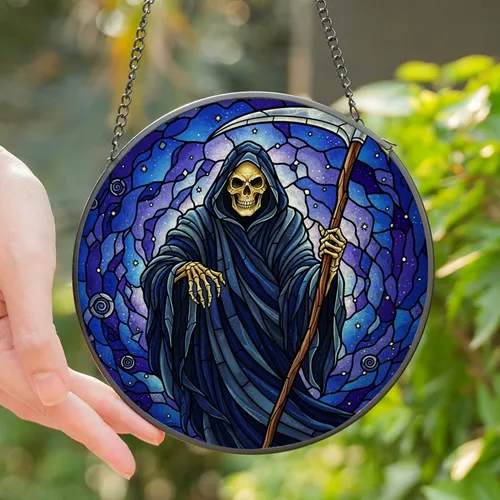 Dark Fantasy Enthusiasts' Tiffany Stained Glass Skeletal Scythe Figure Cosmic Mosaic, Deep Blue Gold Silver Stained Glass Suncatcher