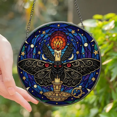 Stained Glass Art Lovers' Red-Eyed Moth Cosmic Night Golden Candle Jewel Tone Mosaic Stained Glass Suncatcher