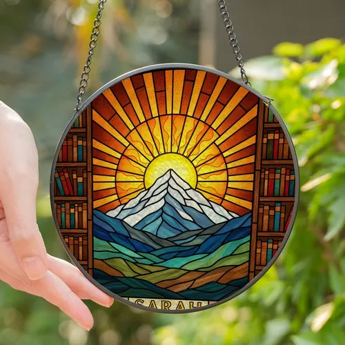 Unique Art Seekers' Tiffany Stained Glass Mountain Sun Bookshelves Sarah Name Pattern Stained Glass Suncatcher