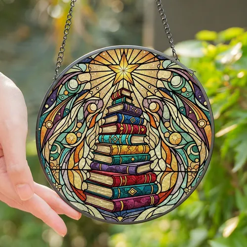 Book Lovers' Vibrant Jewel Tone Stained Glass Golden Star Book Stack Celestial Swirls Stained Glass Suncatcher