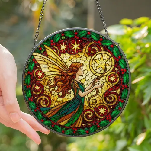 Fantasy Art Lovers' Tiffany Style Stained Glass Fairy Golden Wings Holly Border Emerald Teal Amber Mosaic Stained Glass Suncatcher