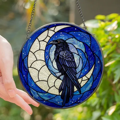 Celestial Art Lovers' Intricate Tiffany Stained Glass Black Raven Crescent Moon Indigo Night Sky Mosaic Stained Glass Suncatcher