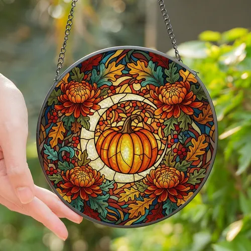 Autumn Art Lovers' Glowing Stained Glass Pumpkin Moon & Autumn Floral Mosaic in Jewel Tones Stained Glass Suncatcher