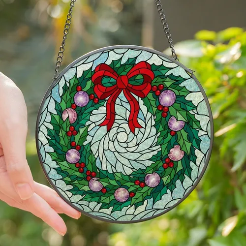 Holiday Celebrators' Tiffany Stained Glass Christmas Wreath Jewel Tone Holly Berry Mosaic Pattern Stained Glass Suncatcher