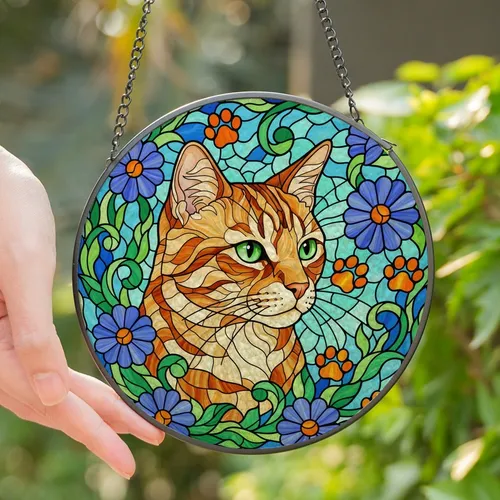 Cat Lovers' High Contrast Stained Glass Ginger Tabby Cat Floral Paw Print Aqua Mosaic Stained Glass Suncatcher