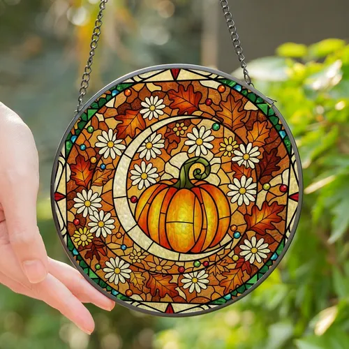 Autumn Enthusiasts' Glowing Tiffany Stained Glass Crescent Moon Pumpkin Floral Mosaic Stained Glass Suncatcher