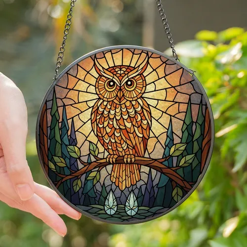 Nature Lovers' Majestic Owl Stained Glass Forest Mosaic Art, Tiffany Style Fiery Orange Amber Blue-Grey Stained Glass Suncatcher