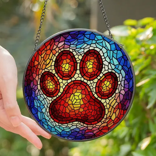 Pet Lovers' Detailed Tiffany Stained Glass Paw Print Mosaic Red Orange Yellow Blue Purple Art Stained Glass Suncatcher