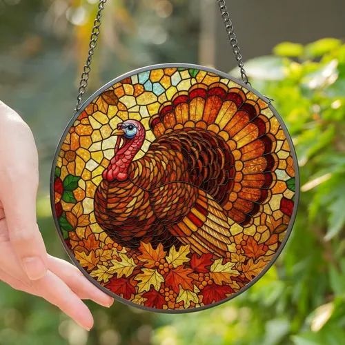 Autumn Lovers' Vibrant Tiffany Stained Glass Turkey Autumn Leaves Jewel Tone Mosaic Stained Glass Suncatcher