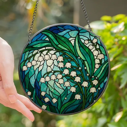 Nature Lovers' Jewel-Toned Stained Glass Lily-of-the-Valley Floral Mosaic Art Pattern Stained Glass Suncatcher