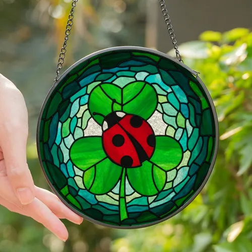 Nature Lovers' Vibrant Red Ladybug Emerald Clover Tiffany Glass Mosaic Pattern Stained Glass Suncatcher