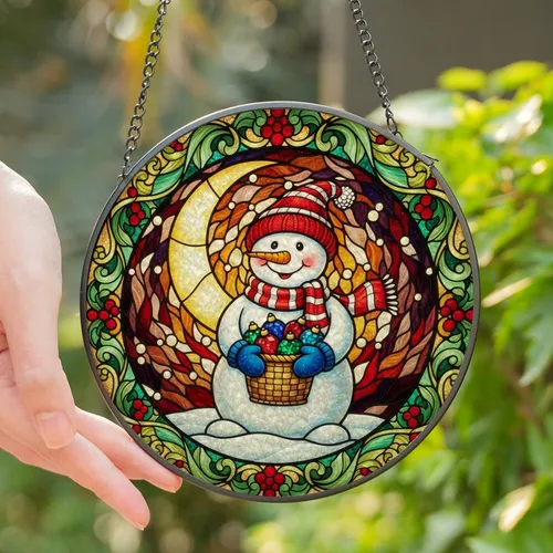 Holiday Enthusiasts' Detailed Stained Glass Snowman Christmas Ornament Basket Glowing Mosaic Amber Red Green Blue Stained Glass Suncatcher