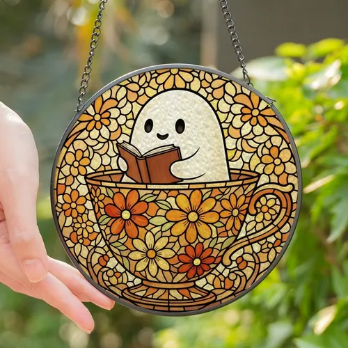 Bookish Art Admirers' Tiffany Glass Ghost Reading Teacup Amber Orange Floral Mosaic Stained Glass Suncatcher