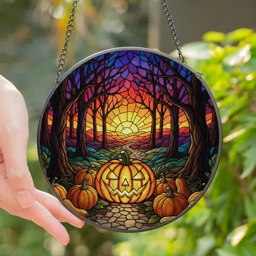 Halloween Enthusiasts' Tiffany Stained Glass Jack-o'-Lantern Enchanted Forest Sunset Jewel Tones Mosaic Stained Glass Suncatcher