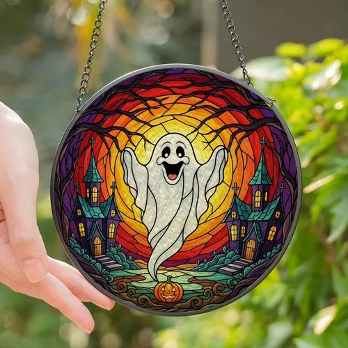 Gothic Art Lovers' Tiffany Style Stained Glass Friendly Ghost Haunted Houses Full Moon Orange Purple Teal Pattern Stained Glass Suncatcher