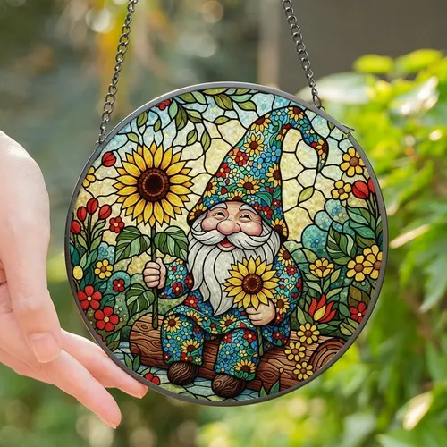 Whimsical Art Fans' Stained Glass Garden Gnome Mosaic with Vibrant Jewel Tone Floral Patterns Stained Glass Suncatcher