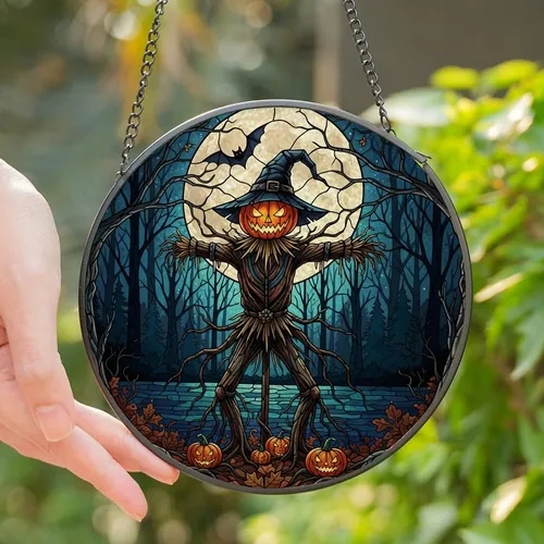 Halloween Enthusiasts' Jewel Tone Stained Glass Scarecrow Jack-o'-Lantern Forest Stained Glass Suncatcher