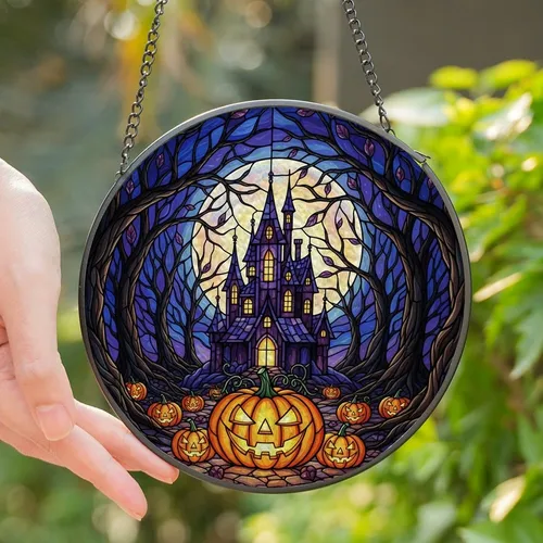 Gothic Fantasy Lovers' Radiant Stained Glass Jack-o'-Lantern Haunted Castle, Twilight Blue & Orange Mosaic Forest Stained Glass Suncatcher