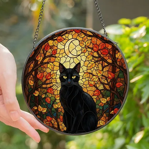 Cat Lovers' Tiffany Stained Glass Black Cat Autumn Forest Moon Jewel Tones Stained Glass Suncatcher