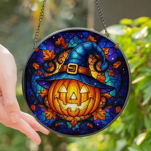 Autumn Festival Fans' Vivid Stained Glass Jack-o'-Lantern Witch Hat Sapphire Amber Cosmic Starry Mosaic Stained Glass Suncatcher