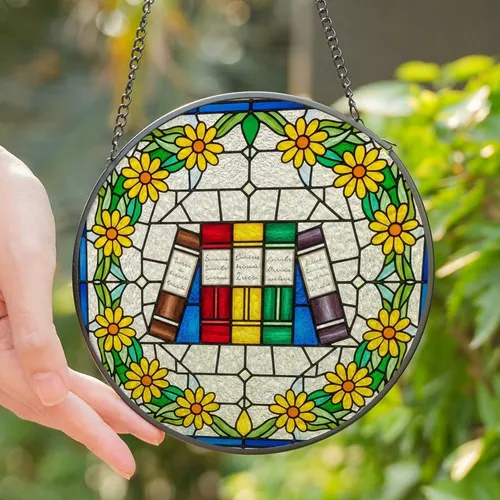 Art & Book Lovers' Vibrant Jewel Tone Stained Glass Books Floral Mosaic Art Stained Glass Suncatcher