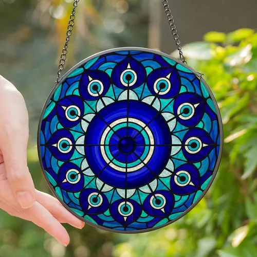 Intricate Art Lovers' Deep Blue Tiffany Stained Glass Evil Eye Mandala Mosaic Pattern Stained Glass Suncatcher