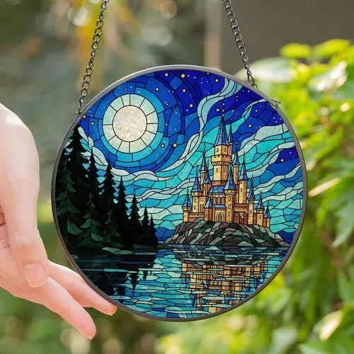 Fantasy Art Lovers' Majestic Tiffany Stained Glass Castle Golden Moonlit Aqua Jewel Tone Mosaic Art Stained Glass Suncatcher