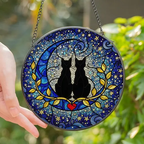 Mystical Cat Lovers' Intricate Stained Glass Black Cats Moon Stars Jewel Tone Art Stained Glass Suncatcher