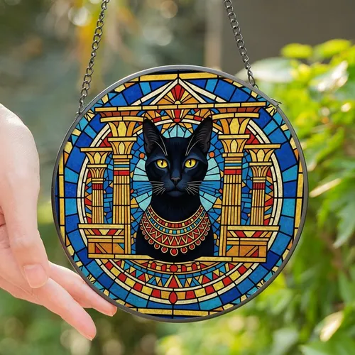 Cat Lovers' Regal Black Cat Gold Collar Egyptian Stained Glass Art Blue Gold Red Jewel Tones Stained Glass Suncatcher