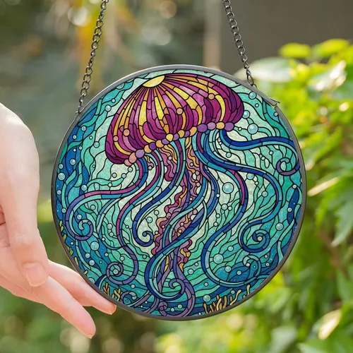 Ocean Lovers' Vibrant Tiffany Stained Glass Jellyfish Fuchsia Purple Teal Water Mosaic Stained Glass Suncatcher