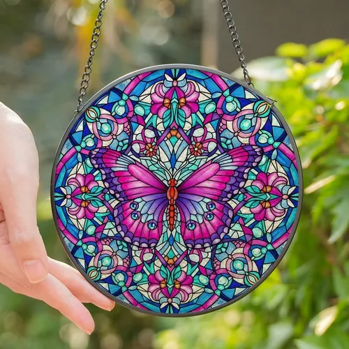 Nature Lovers' Tiffany Glass Butterfly Mosaic Pink Purple Blue Geometric Floral Filigree Stained Glass Suncatcher